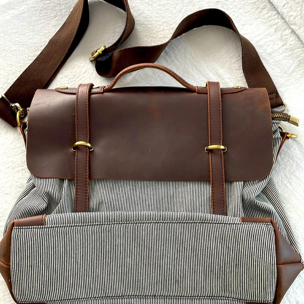 Anthropologie Brown Leather-Trim Striped Canvas Satchel